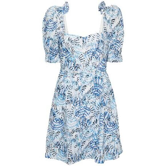 NWT SALONI Rachel-D Mini Dress Neptune Azure Size 2 Blue White Linen Puff Sleeve - Picture 4 of 16